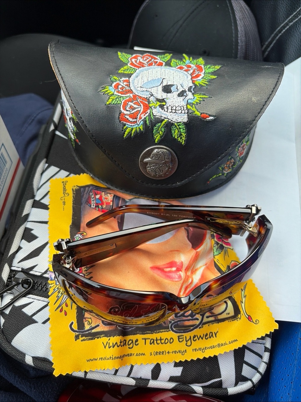 Ed Hardy Brown Tortoise Sunglasses with Black Embroidered Skull Case